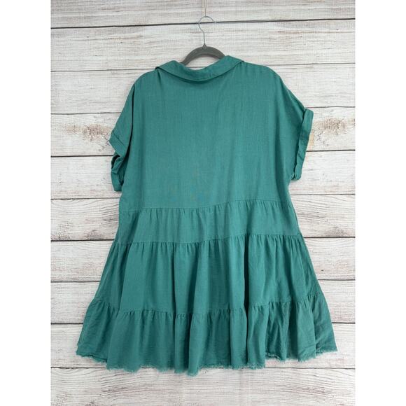 Umgee USA Linen Blend V-Neck Shirt Mini Dress Womens XL Green Rough Hem - Picture 2 of 10